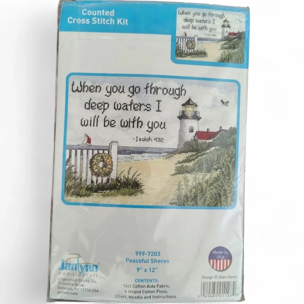 Janlynn Peaceful Shores Cross Stitch Kit 999-7203 Lighthouse Isaiah 43:2 9x12